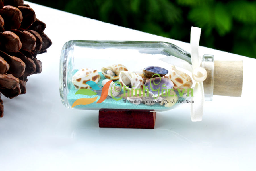 Lọ Thủy Tinh Cát & Vỏ Ốc Đế Gỗ (10×5)